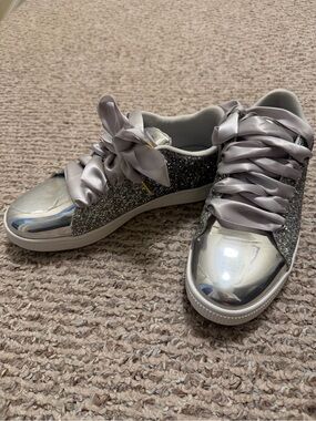 Metallic Silver Glitter Lace-Up Women's Sneakers